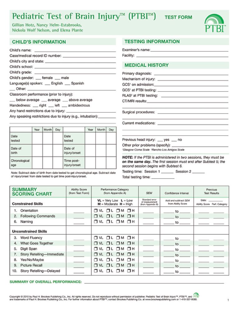 Pediatric Test of Brain Injury Test Forms - 10 PACK