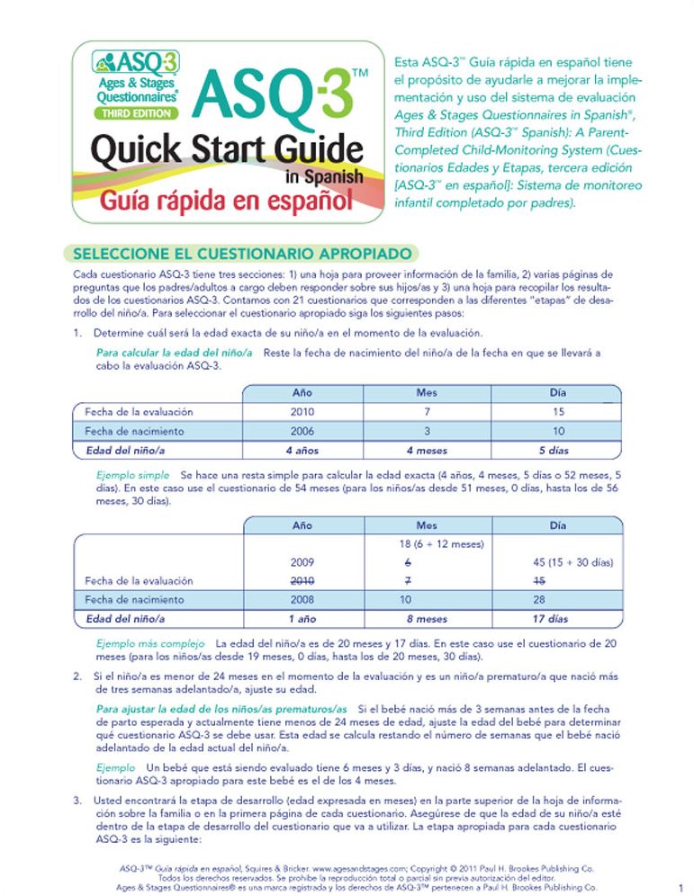 ASQ-3 Quick Start Guide in Spanish