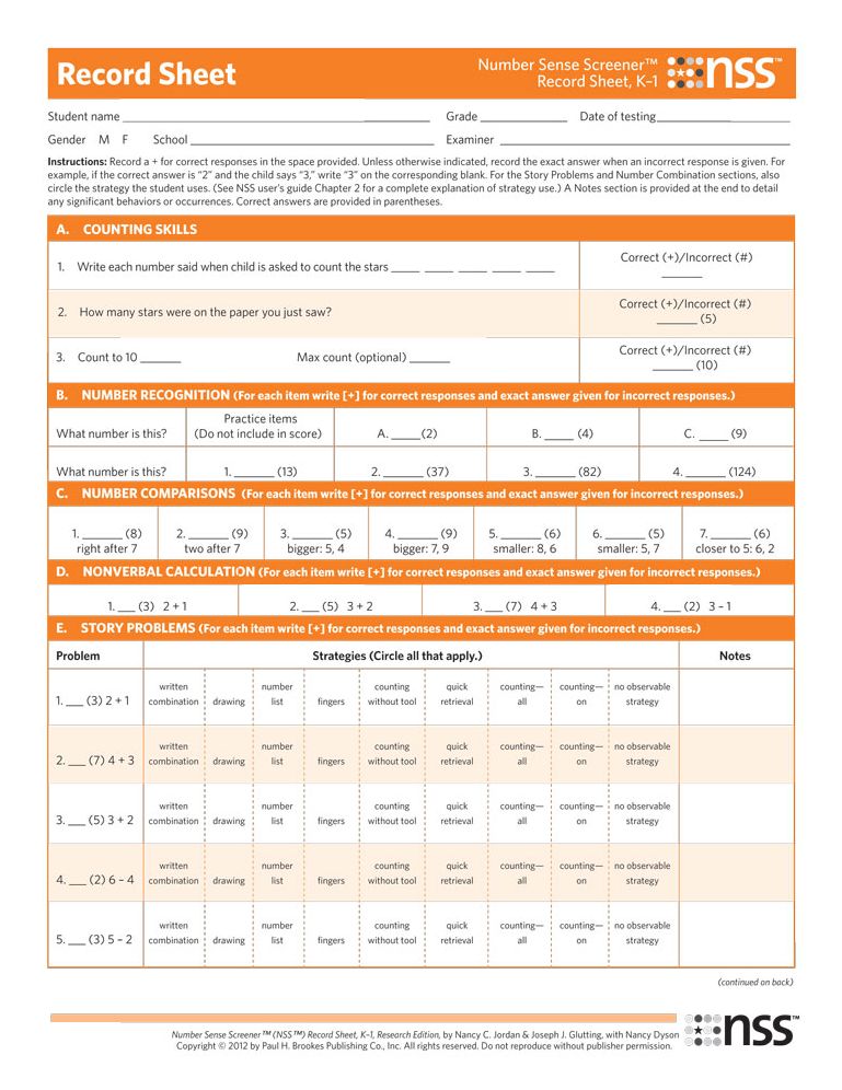 Number Sense Screener (NSS) Record Sheet K-1: Pack of 25