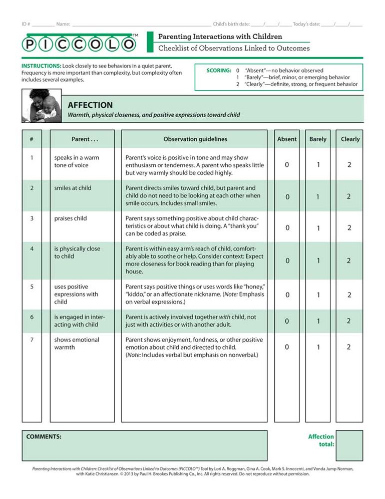 Parenting Interactions with Children: Checklist of Observations Linked to Outcomes (PICCOLO) Tool: Pack of 25 4-Page Forms