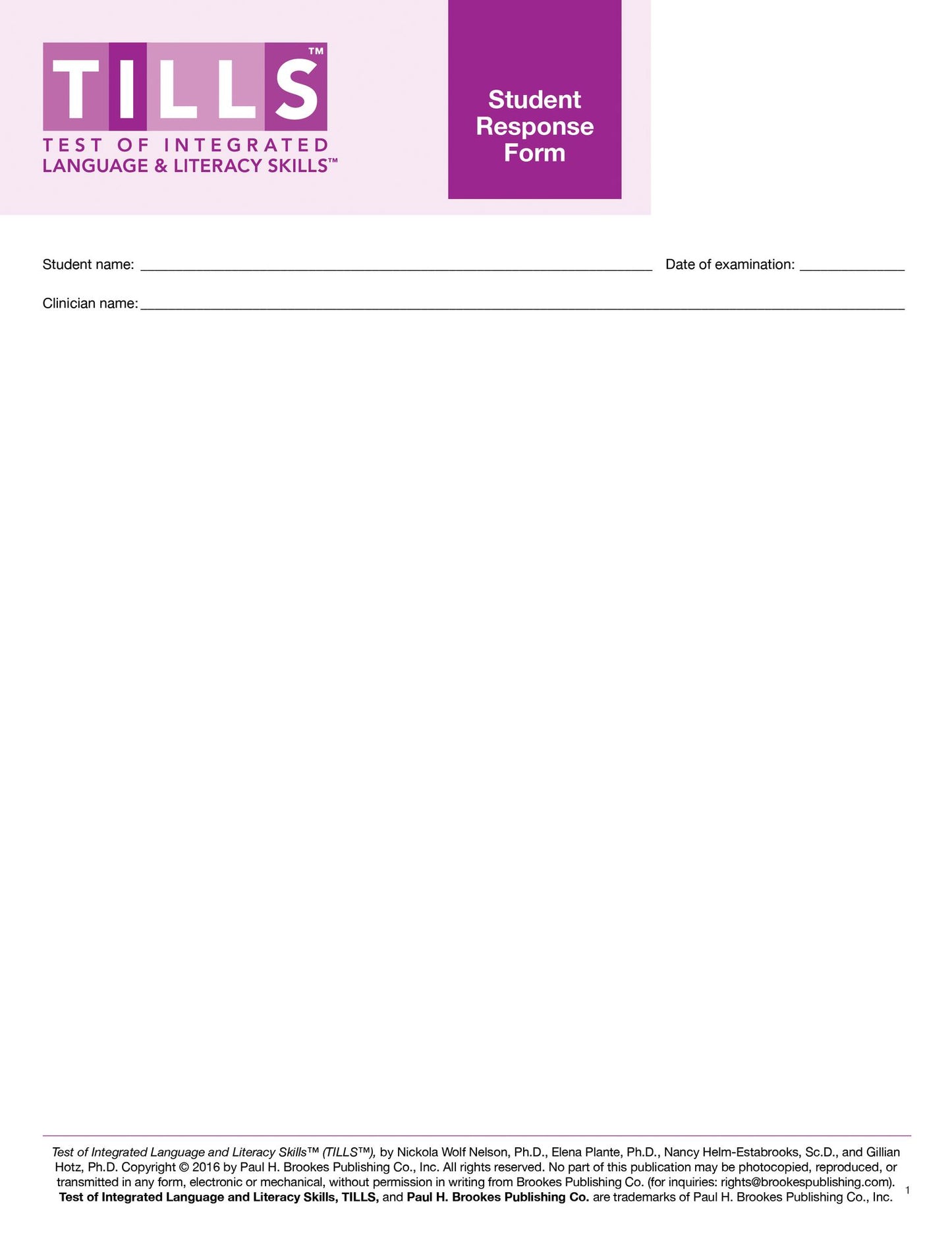 Test of Integrated Language and Literacy Skills (TILLS) Student Response Forms