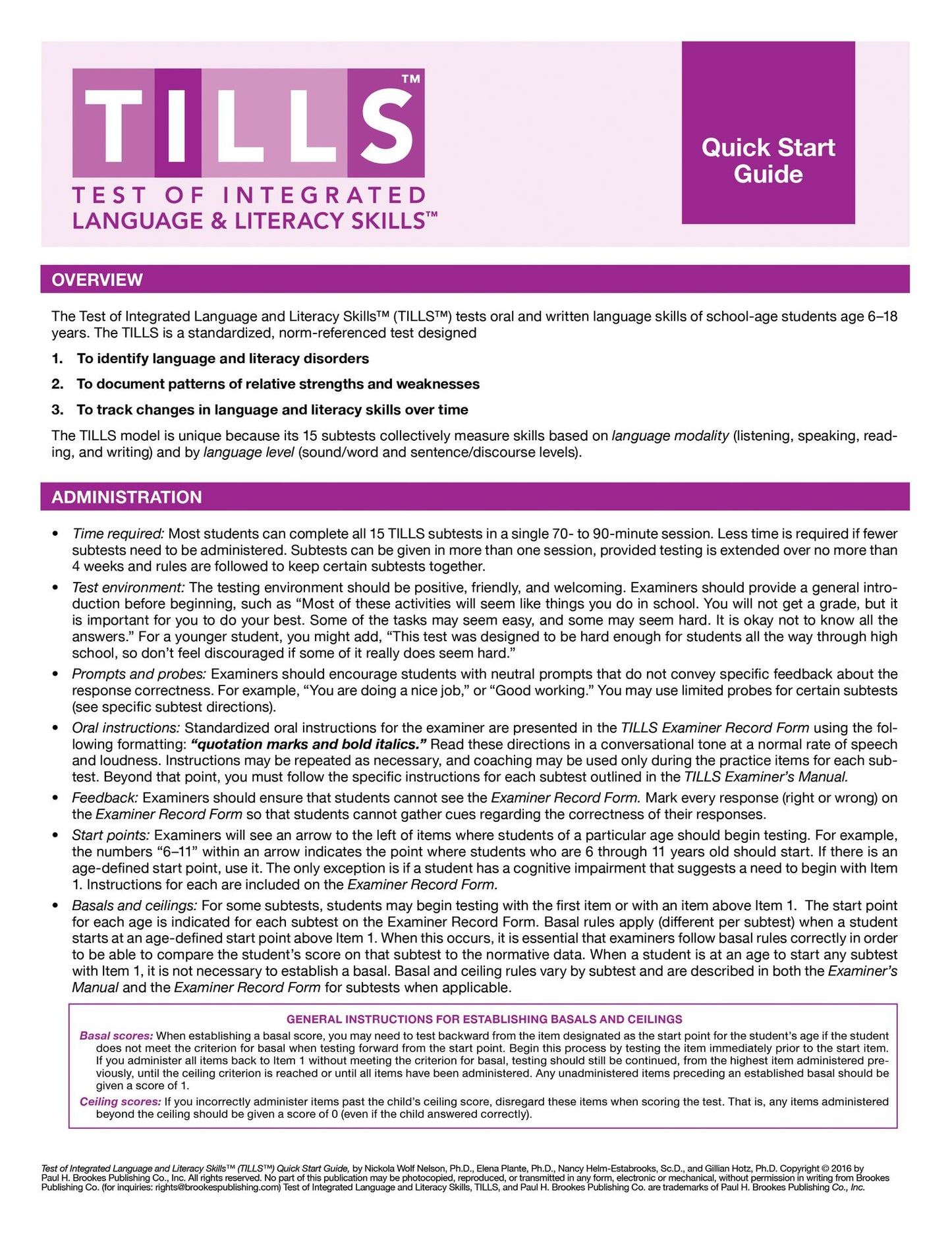 Test of Integrated Language and Literacy Skills(tm) (Tills(tm)) Quick Start Guide