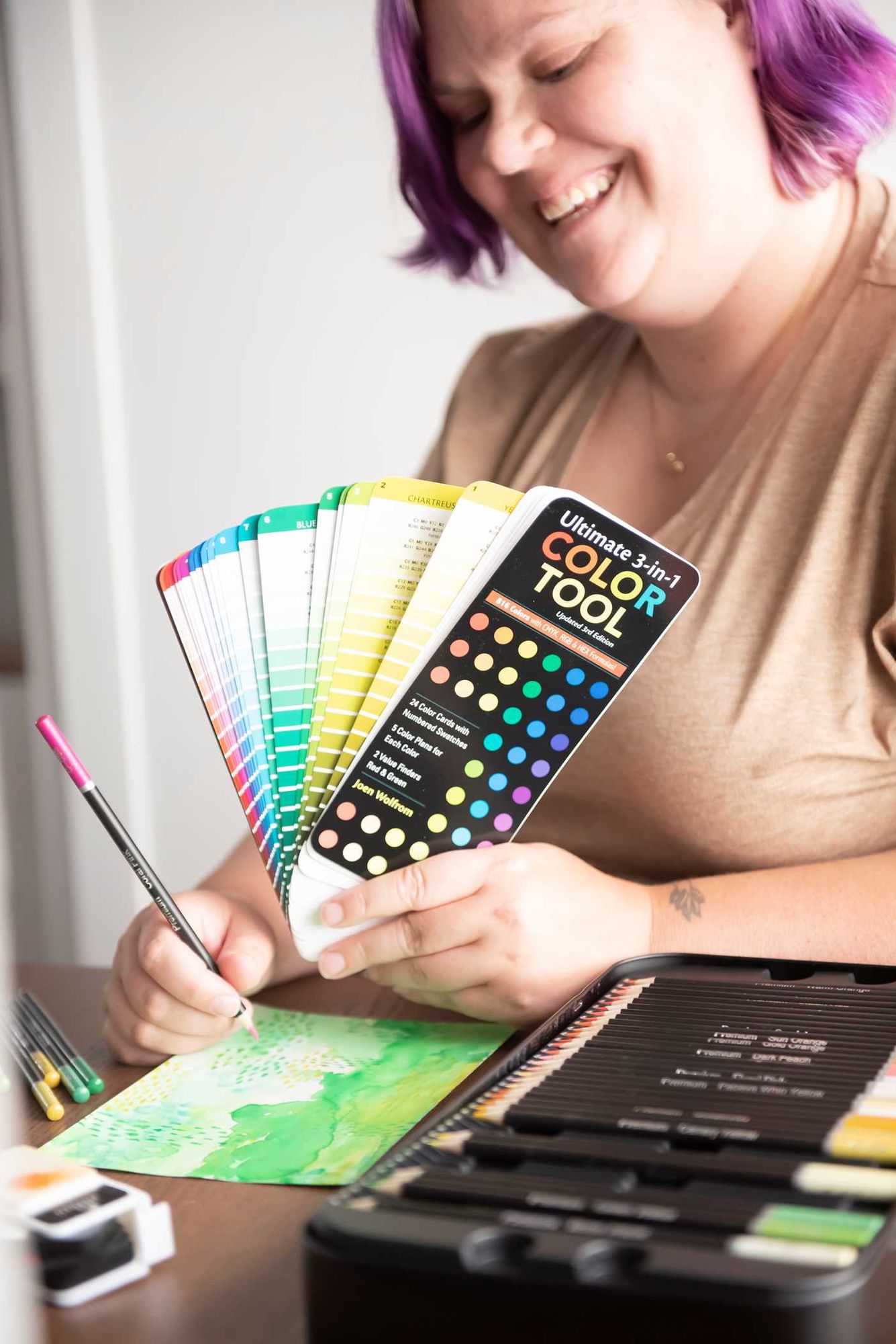 Ultimate 3-in-1 Color Tool, 3rd Edition: -- 24 Color Cards with Numbered Swatches -- 5 Color Plans for each Color -- 2 Value Finders Red & Green