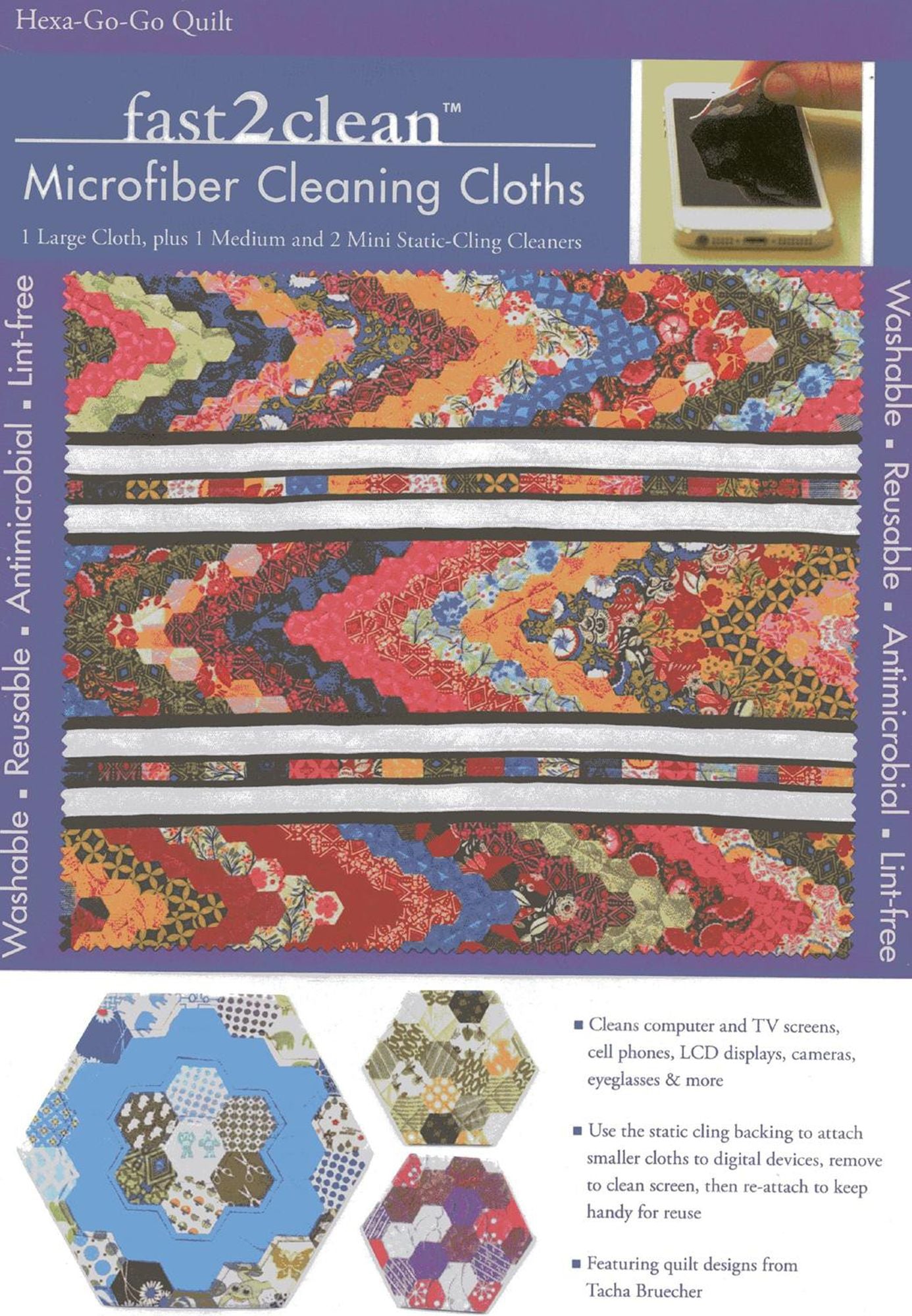 fast2clean Hexa-Go-Go Quilt Microfiber Cleaning Cloths: Includes 1 Large Cloth, plus 1 Medium and 2 Mini Static-Cling Cleaners