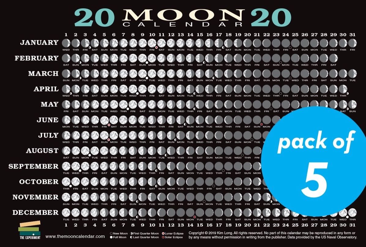 2020 Moon Calendar Card (5 Pack): Lunar Phases, Eclipses, and More!
