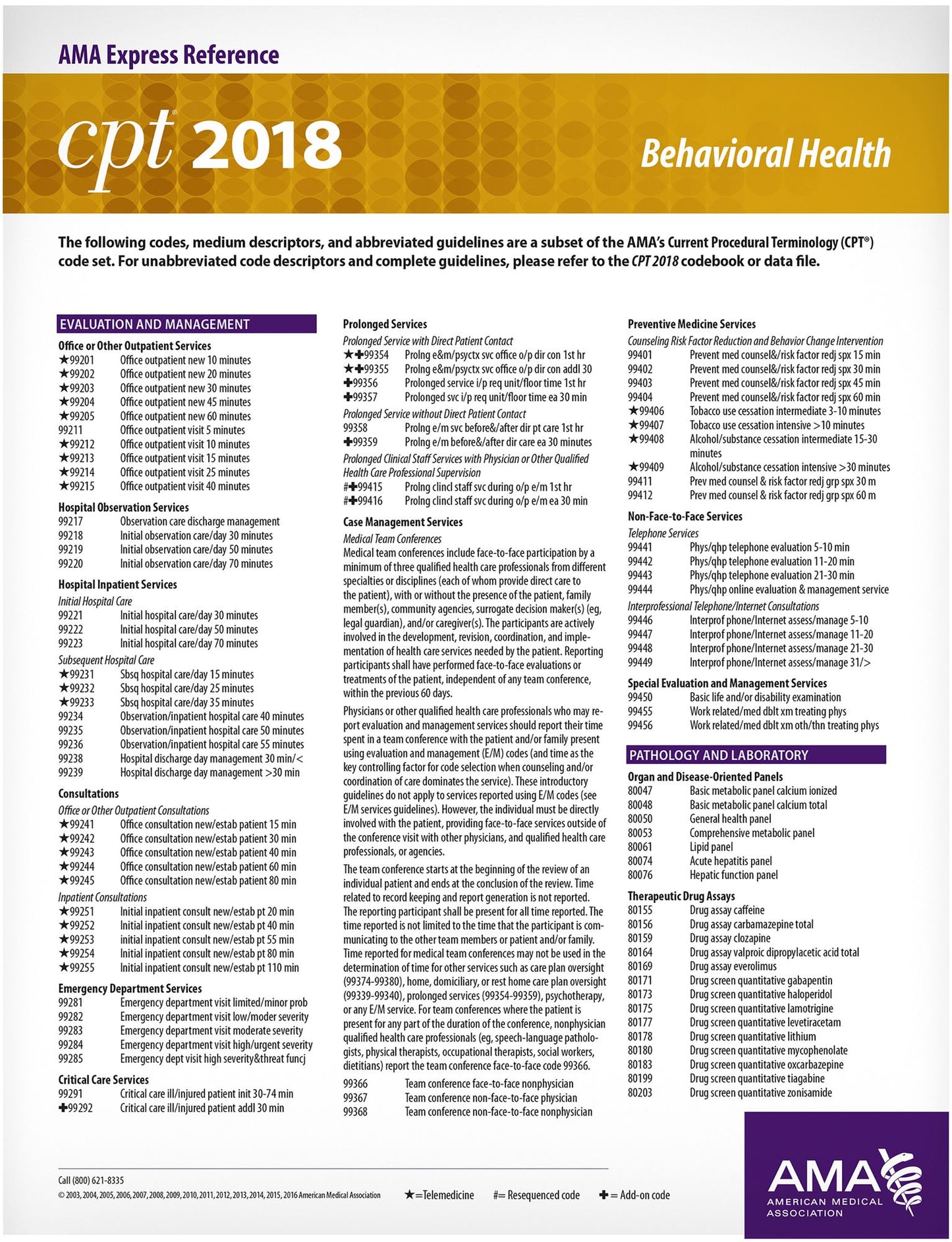 CPT 2018 Express Reference Coding Card: Behavioral Health