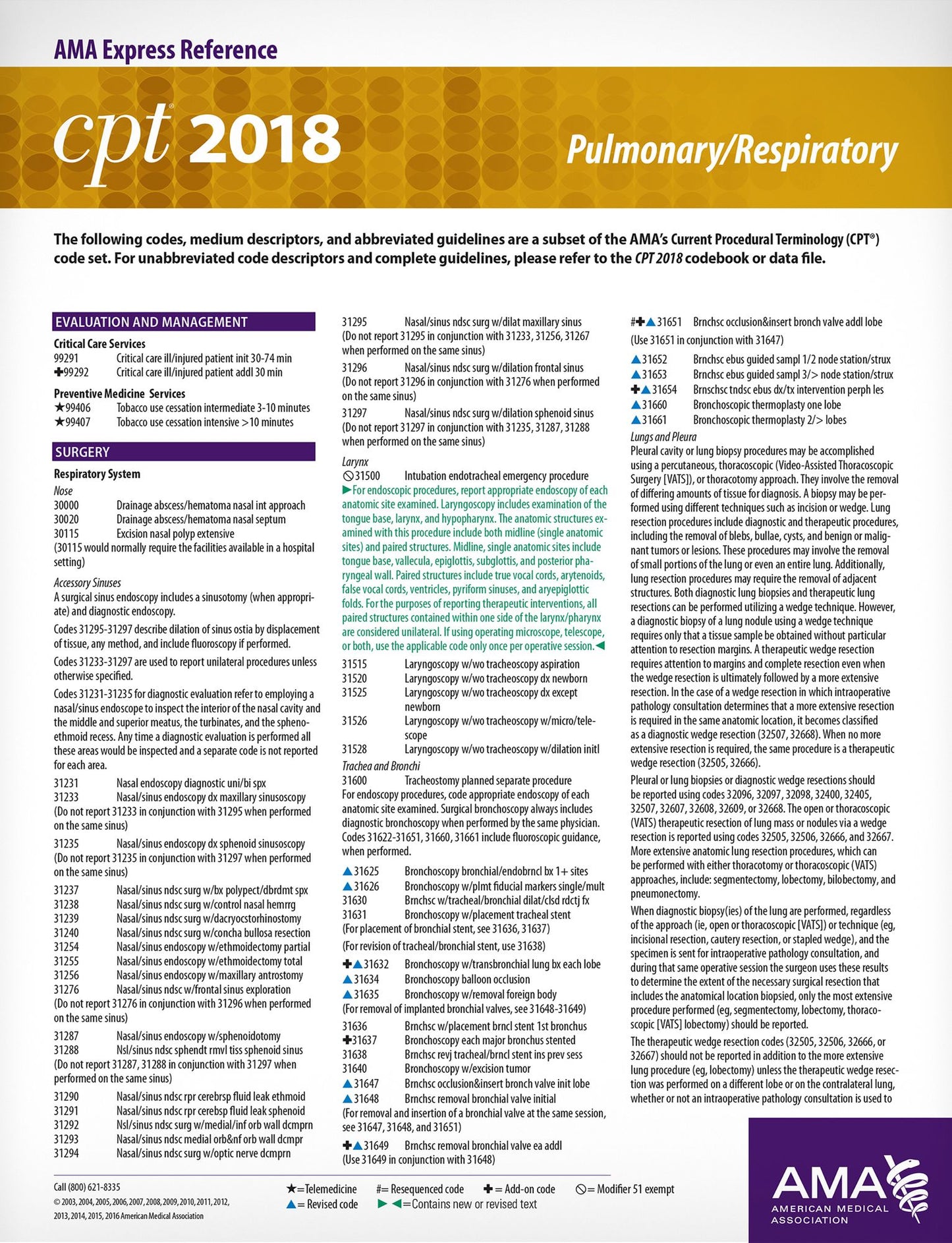 CPT 2018 Express Reference Coding Card: Pulmonary / Respiratory