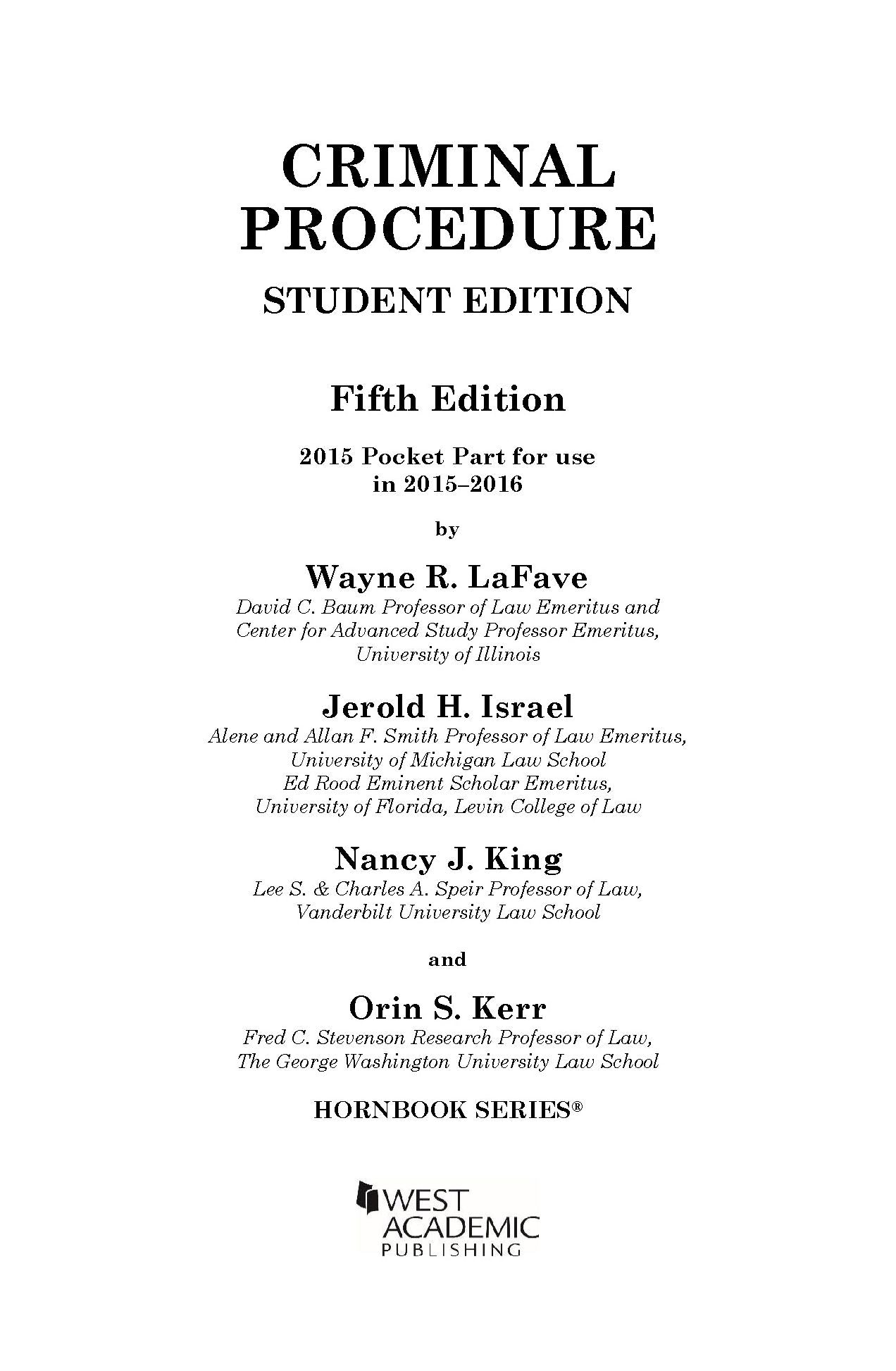 Criminal Procedure, 5th, Hornbook Series, Student Edition, 2015 Pocket Part