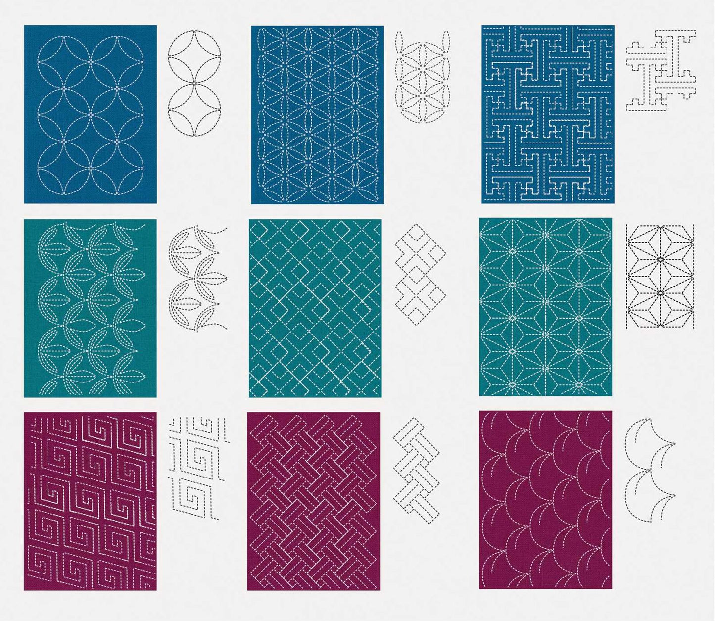 Sashiko Stencils, Traditional Collection: 9 Embroidery Designs 3" x 5", Accurate Stitches & Spacing Every Time