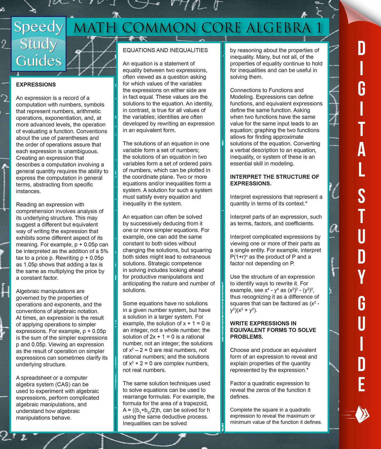 Math Common Core Algebra 1: Speedy Study Guides