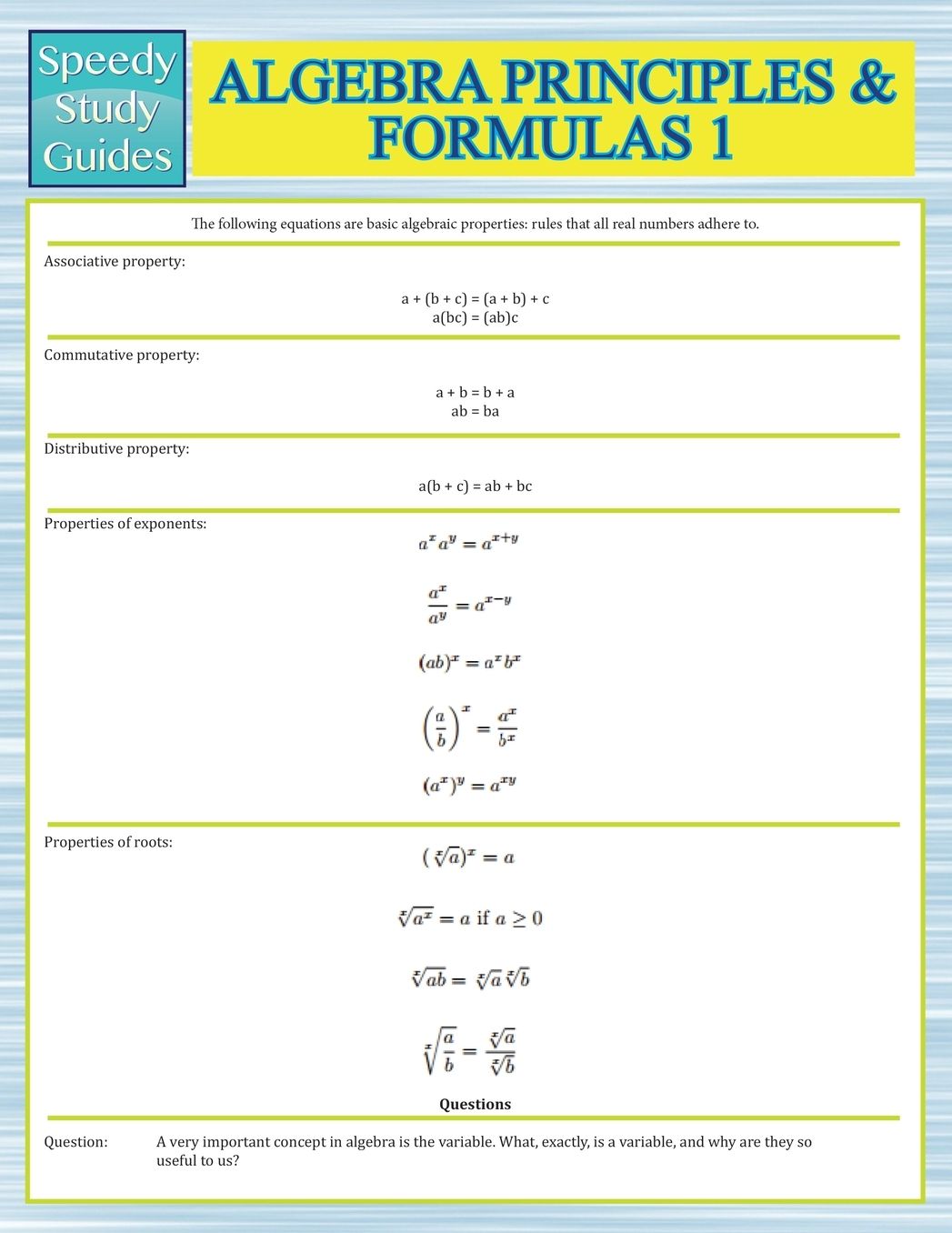 Algebra Principles and Formulas 1 (Speedy Study Guides)