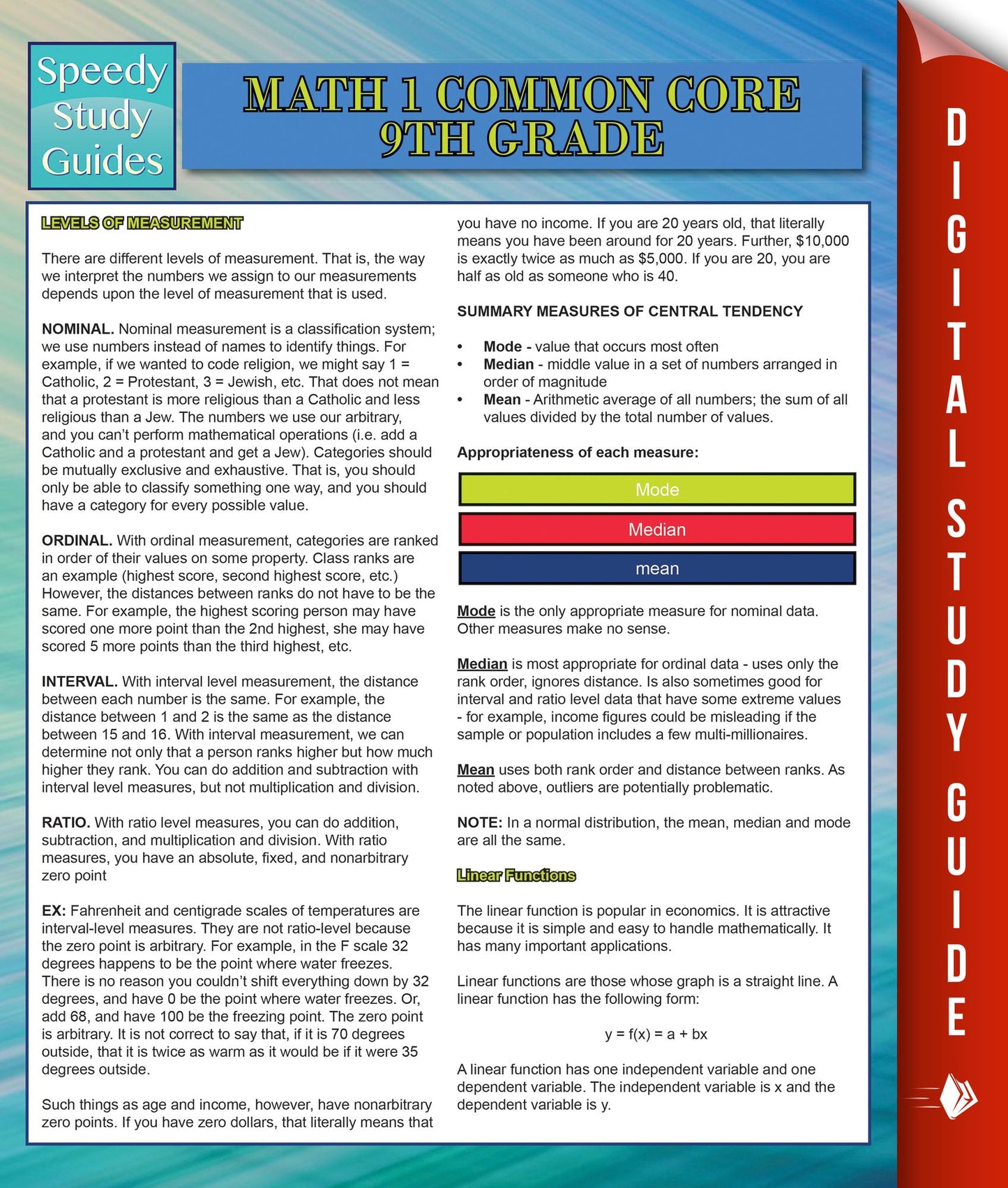 Math 1 Common Core 9th Grade (Speedy Study Guides)