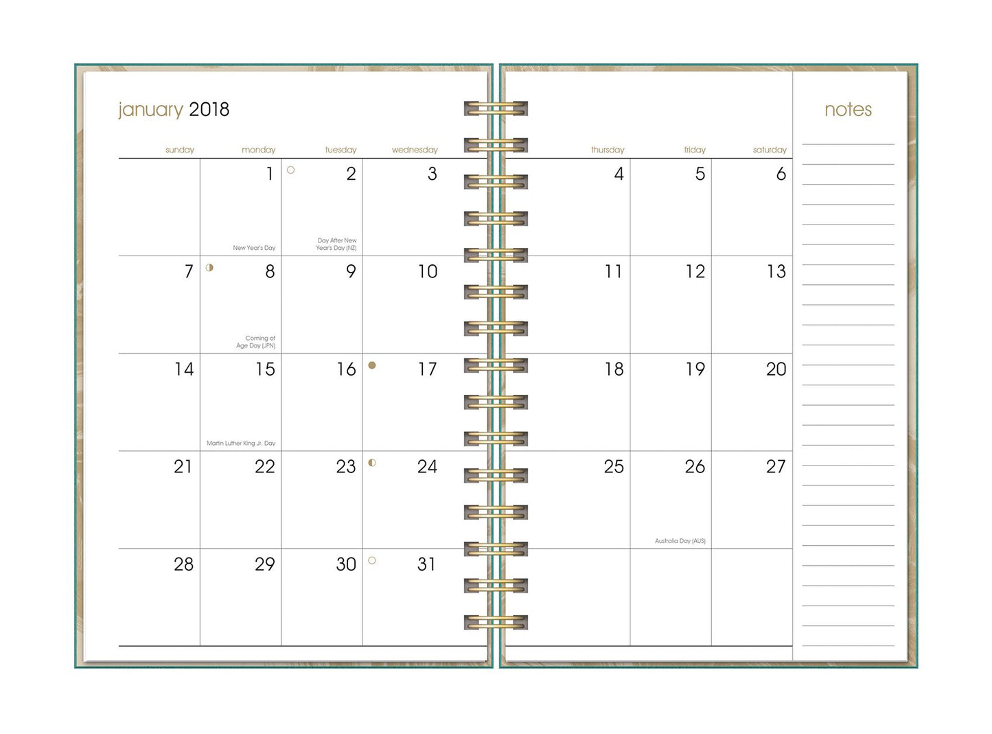 2018 Sea Green Leatheresque Spiral Weekly Agenda