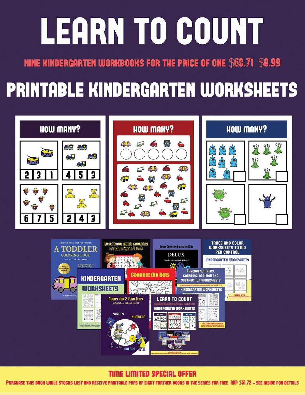 Printable Kindergarten Worksheets (Learn to count for preschoolers): A full-color counting workbook for preschool/kindergarten children.