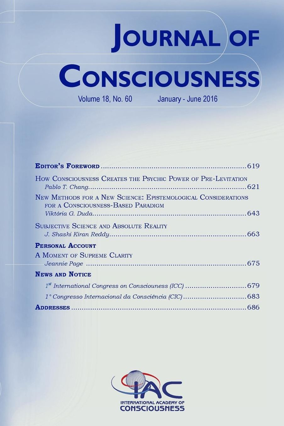 Journal of Consciousness, Volume 18, Number 60