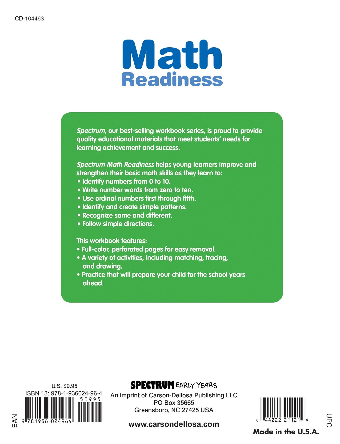 Spectrum Math Readiness, Grade Pre K