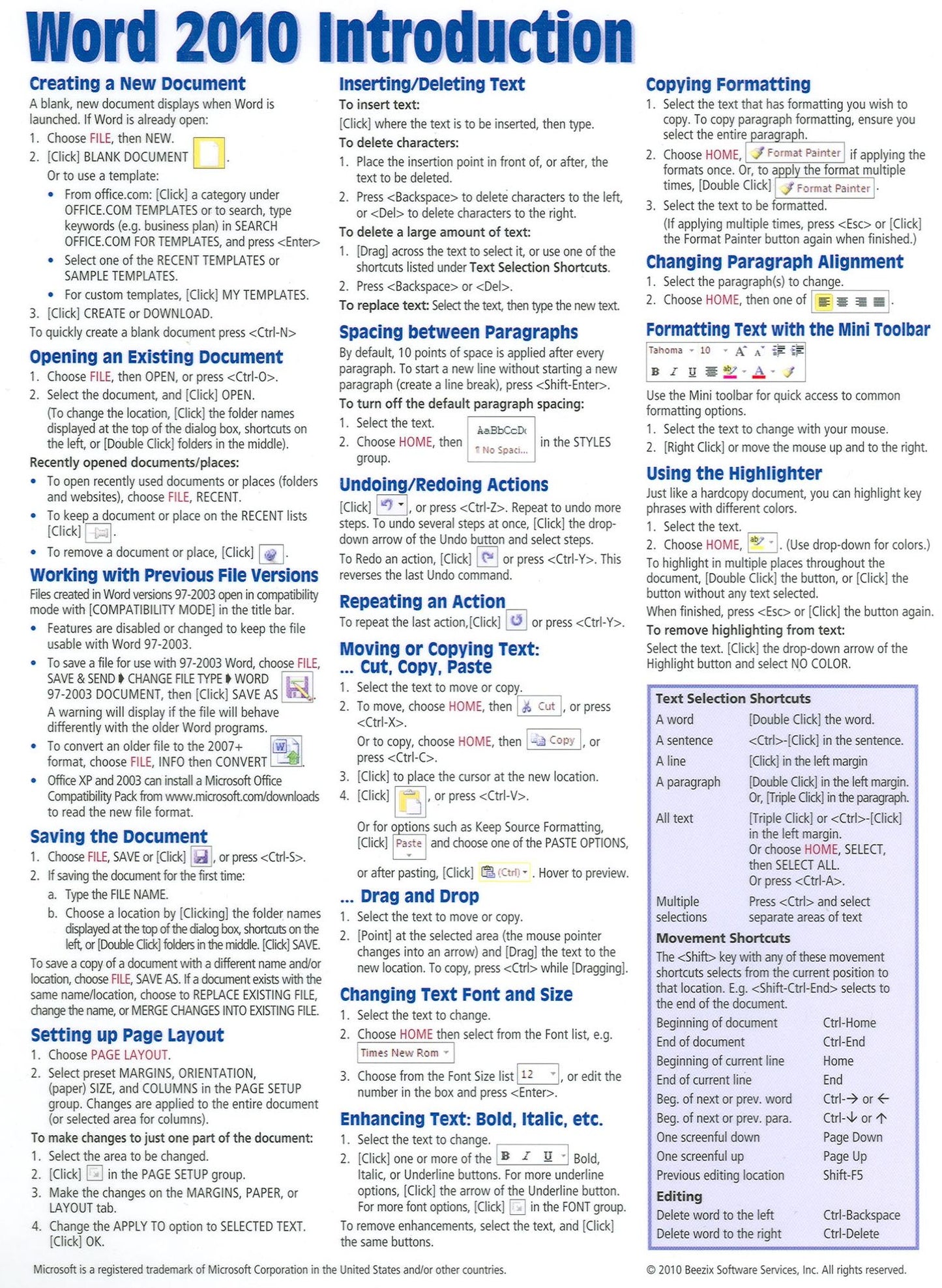 Microsoft Word 2010 Introduction Quick Reference Guide (Cheat Sheet of Instructions, Tips & Shortcuts - Laminated Card)