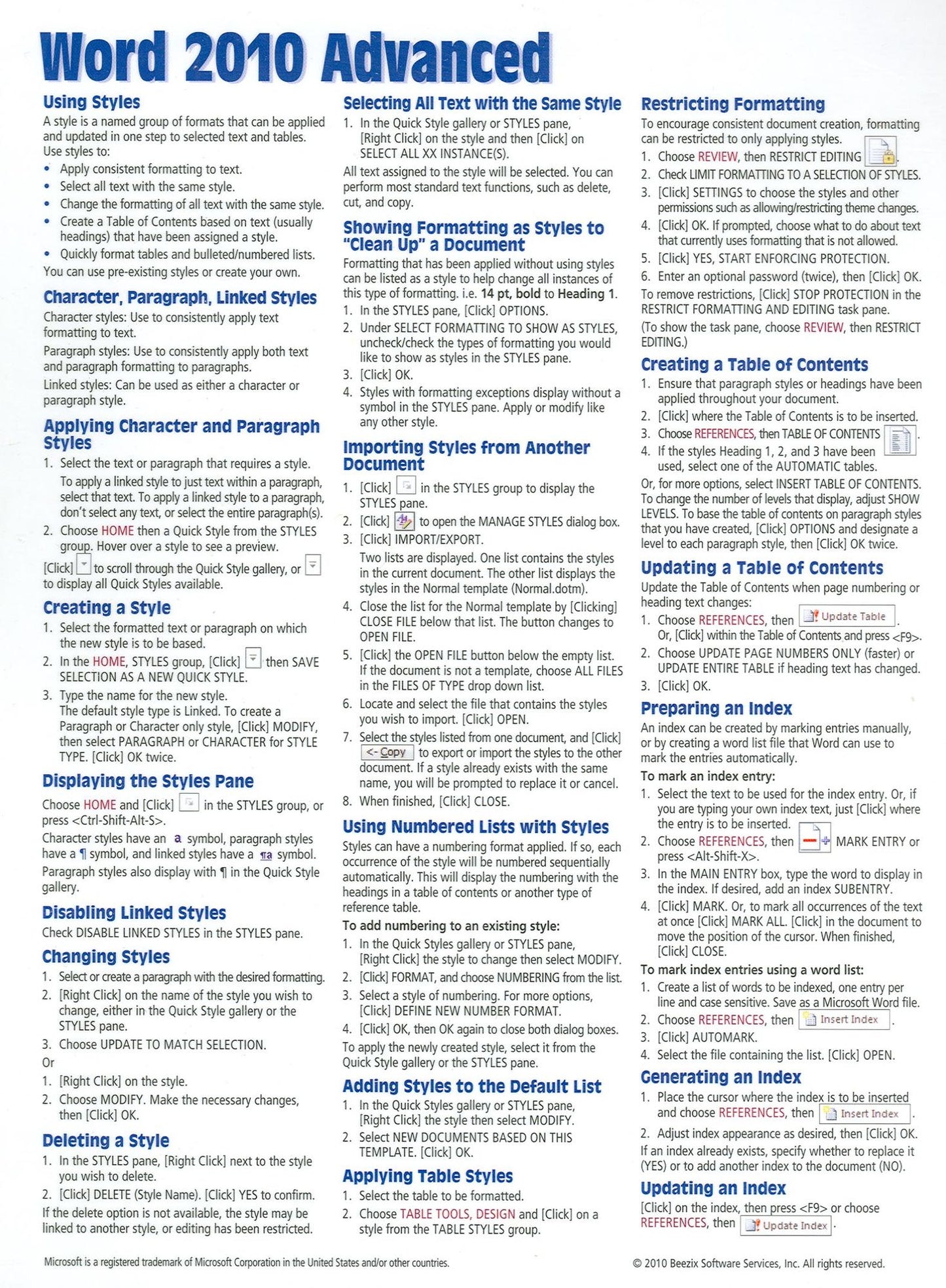 Microsoft Word 2010 Advanced Quick Reference Guide (Cheat Sheet of Instructions, Tips & Shortcuts - Laminated Card)
