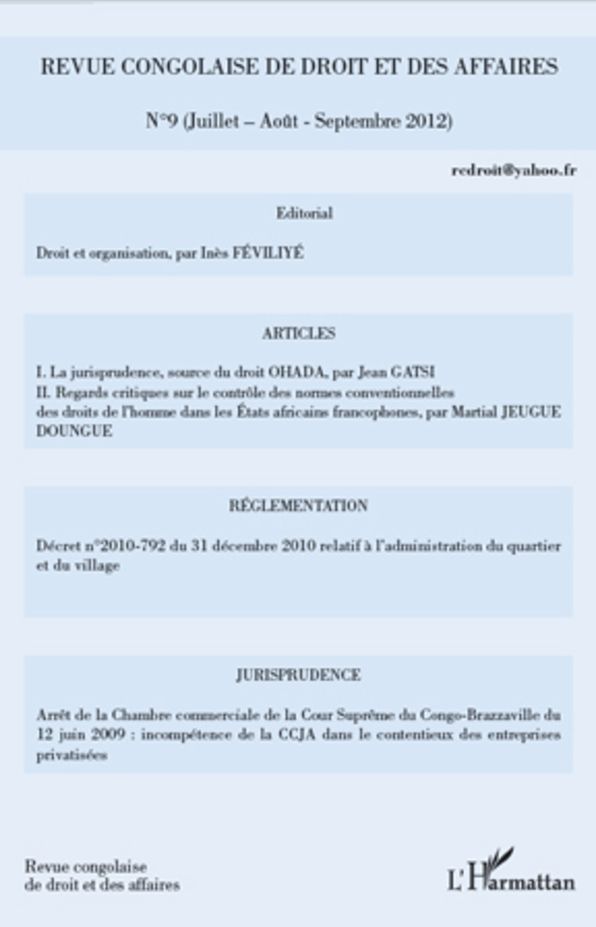 Revue congolaise de droit et des affaires n°9: Juillet-Août-Septembre 2012