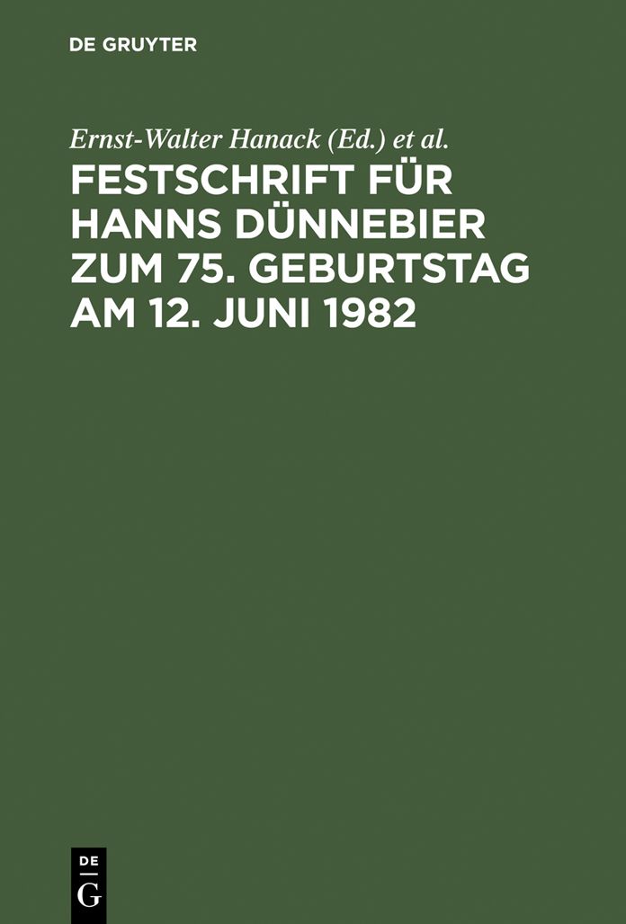 Festschrift fur Hanns Dunnebier zum 75. Geburtstag am 12. Juni 1982