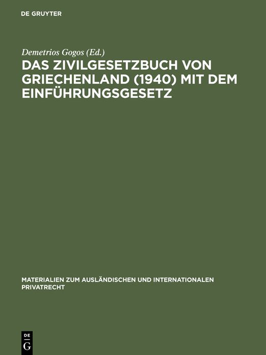 Das Zivilgesetzbuch von Griechenland (1940) mit dem Einfuhrungsgesetz