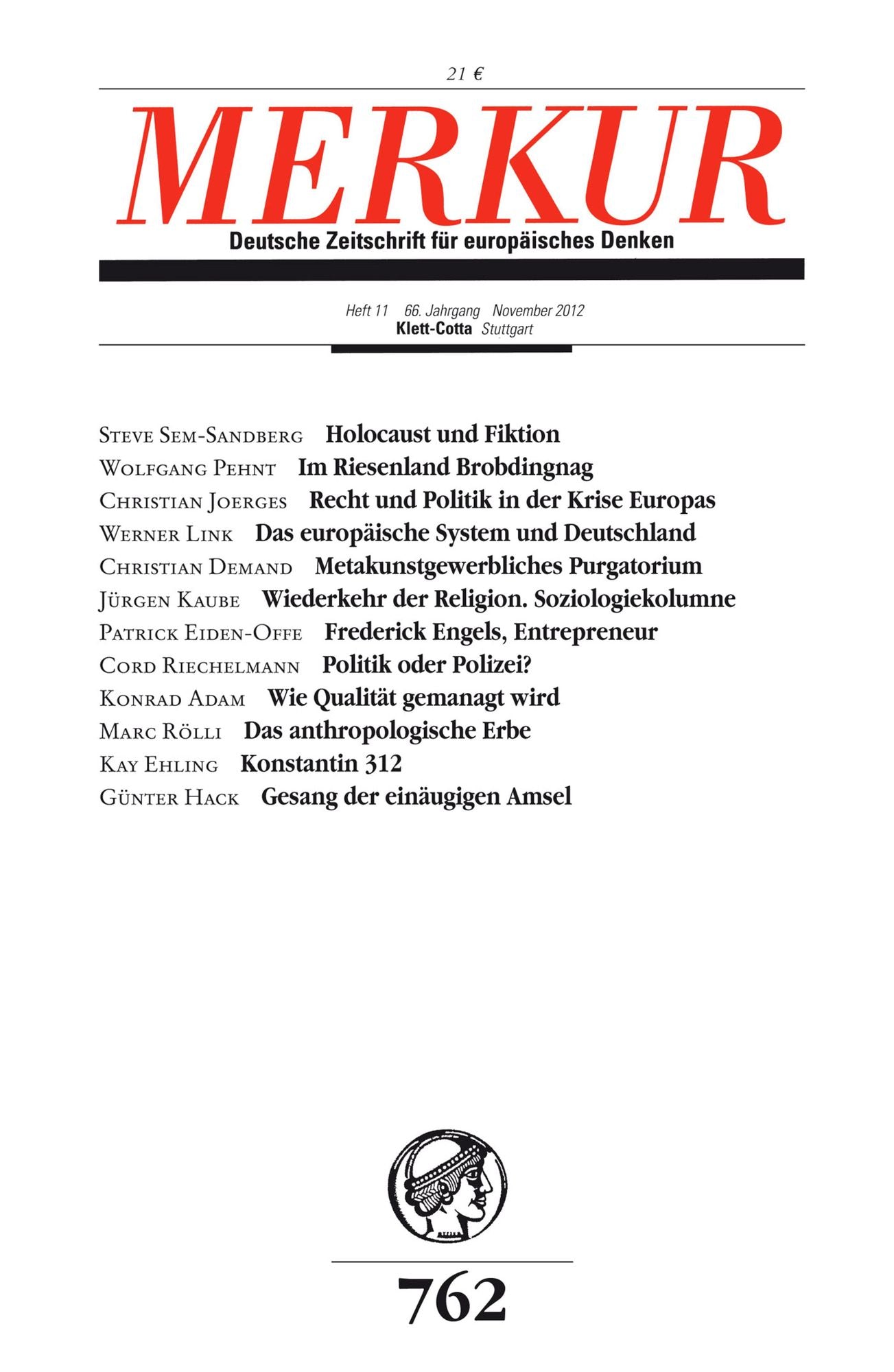 MERKUR Deutsche Zeitschrift für europäisches Denken: Heft 11 / November 2012
