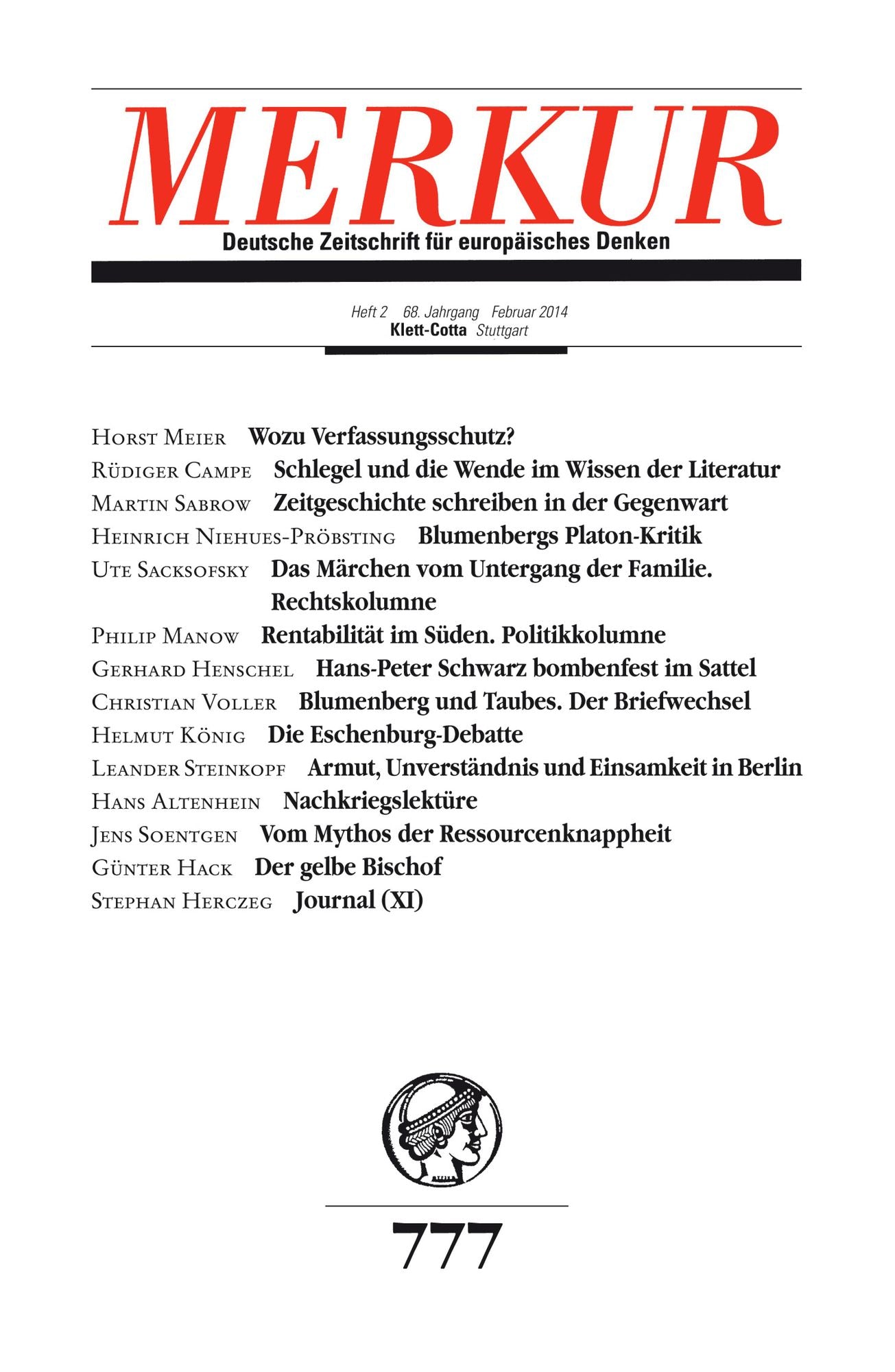 MERKUR Deutsche Zeitschrift für europäisches Denken: Heft 2 / Februar 2014