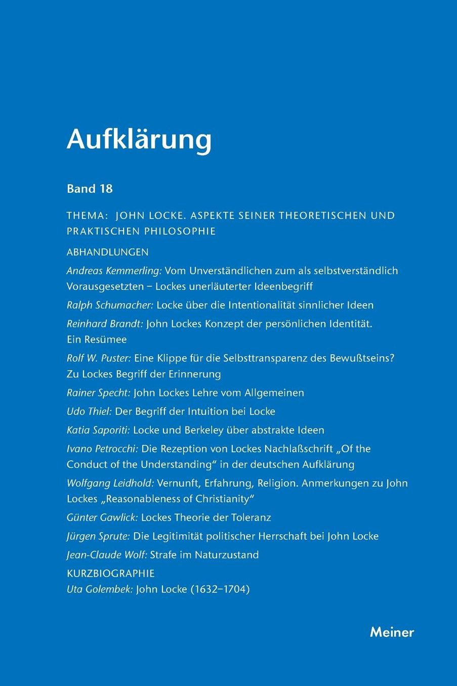 Aufklärung, Band 18: John Locke. Aspekte seiner theoretischen und praktischen Philosophie