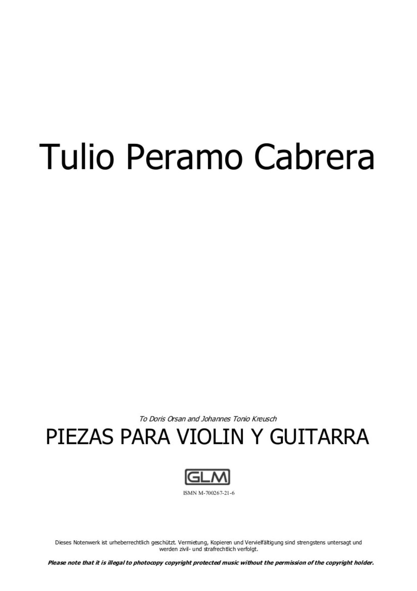 Piezas para violín y guitarra (1. Preludio; 2. Danza a tres; 3. Habanereando; 4. Crepuscular; 5. Canción sin palabras; 6. Zapateadero): sheet music