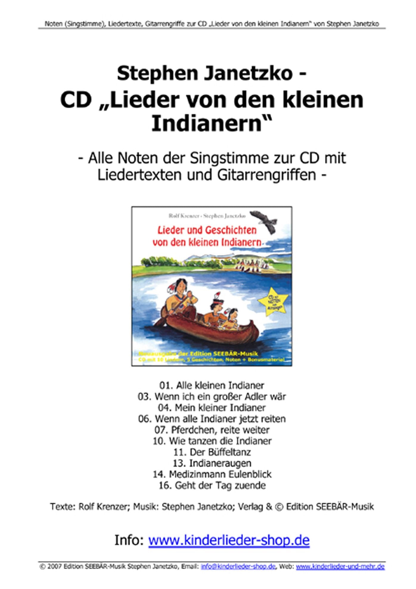 Noten "Indianer-Lieder" von Stephen Janetzko: Alle Noten, Texte & Gitarrengriffe zur CD "Indianer-Lieder"
