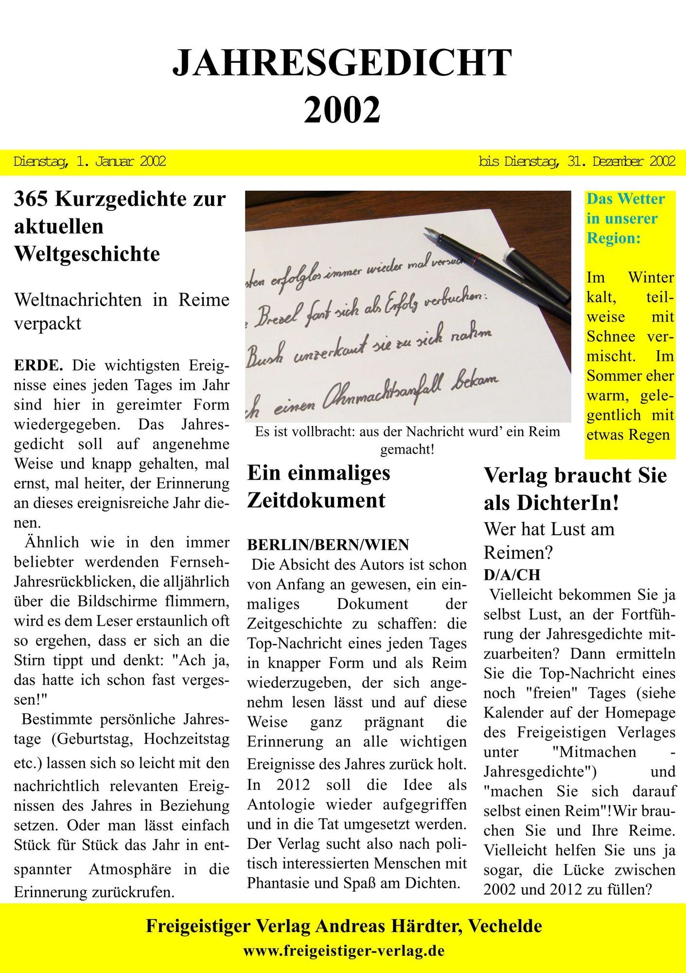 Jahresgedicht 2002: 365 Kurzgedichte zur aktuellen Weltgeschichte