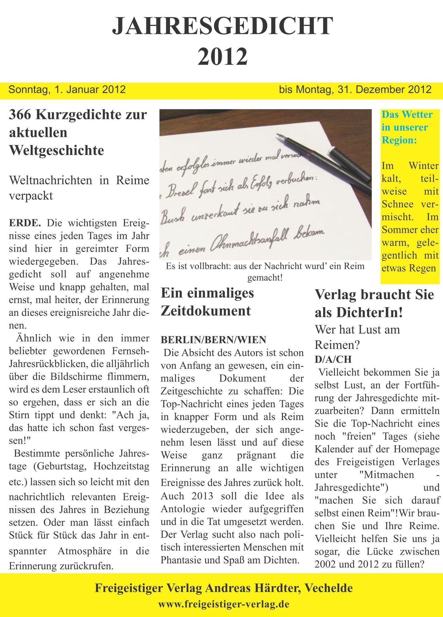 Jahresgedicht 2012: 366 Kurzgedichte zur aktuellen Zeitgeschichte