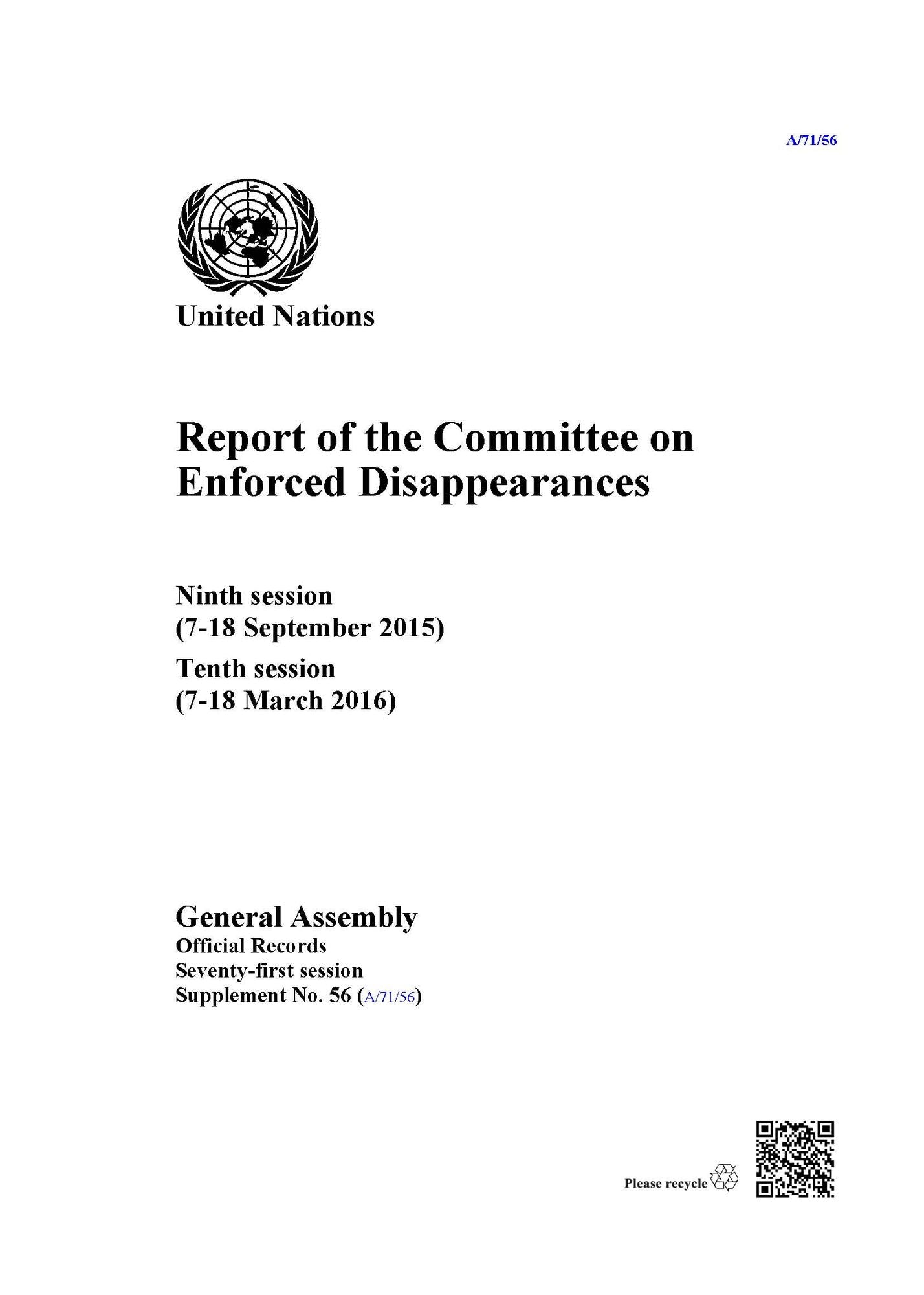 Report of the Committee on Enforced Disappearances: Ninth session (7-18 September 2015) Tenth session (7-18 March 2016)