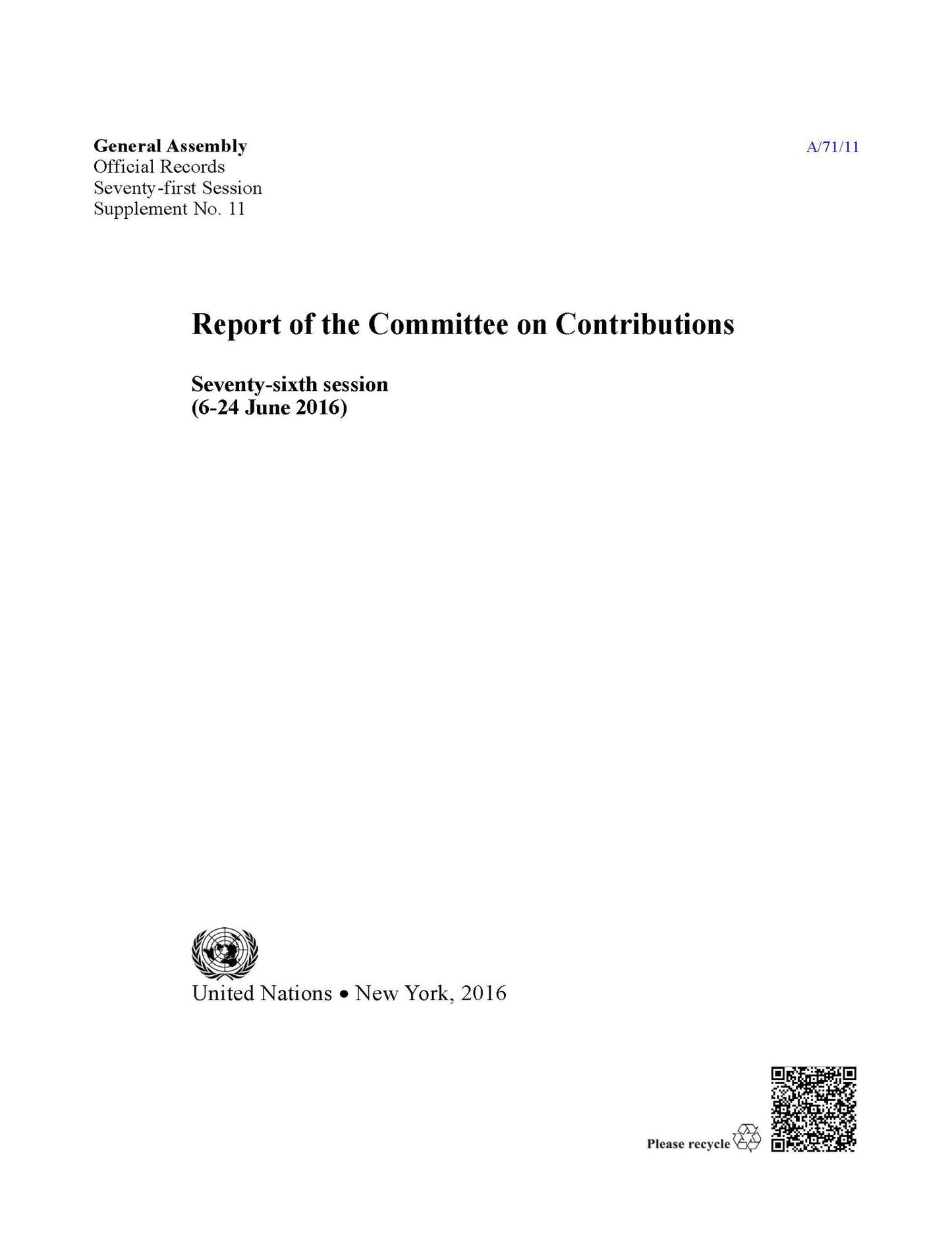 Report of the Committee on Contributions: Seventy-sixth session (6-24 June 2016)