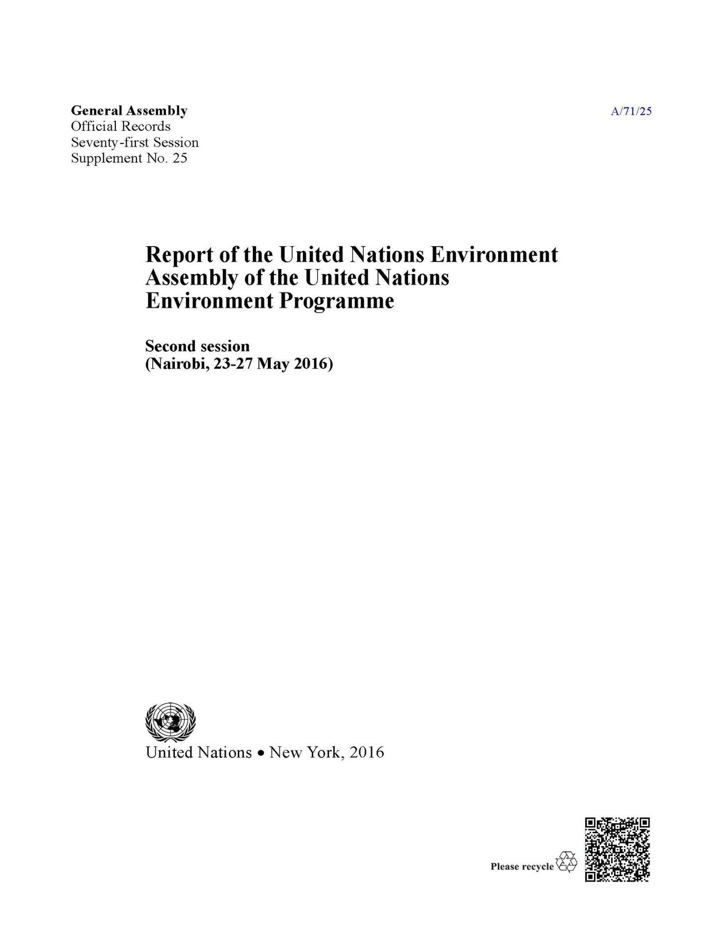Report of the United Nations Environment Assembly of the United Nations Environment Programme: Second session (Nairobi, 23-27 May 2016)
