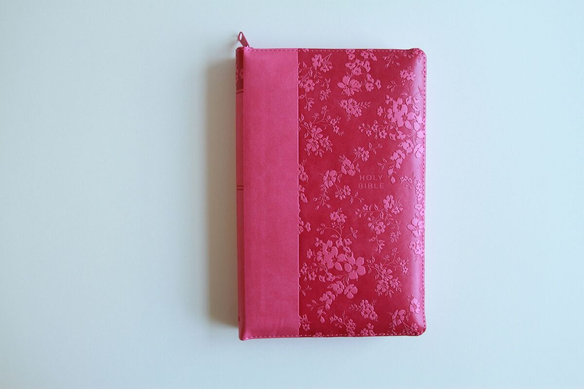 KJV Holy Bible, Large Print Handy Size, Fuchsia Premium Imitation Leather w/Ribbon Marker, Red Letter, Zipper